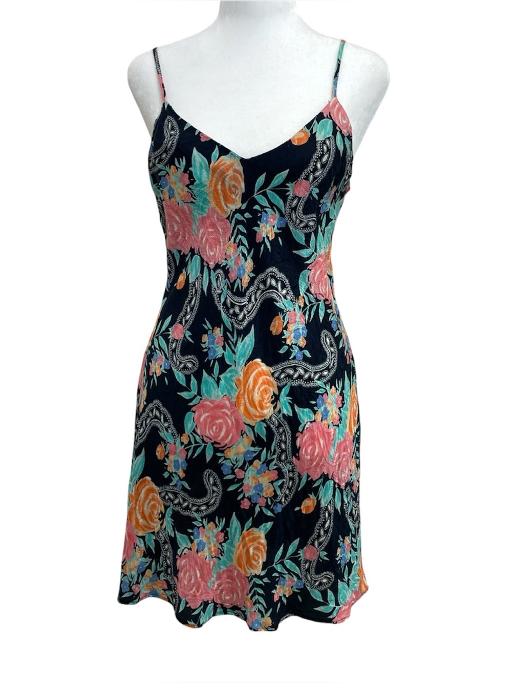 SILX by August Vintage Washable Silk Black & Multicolor Floral Slip Dress
